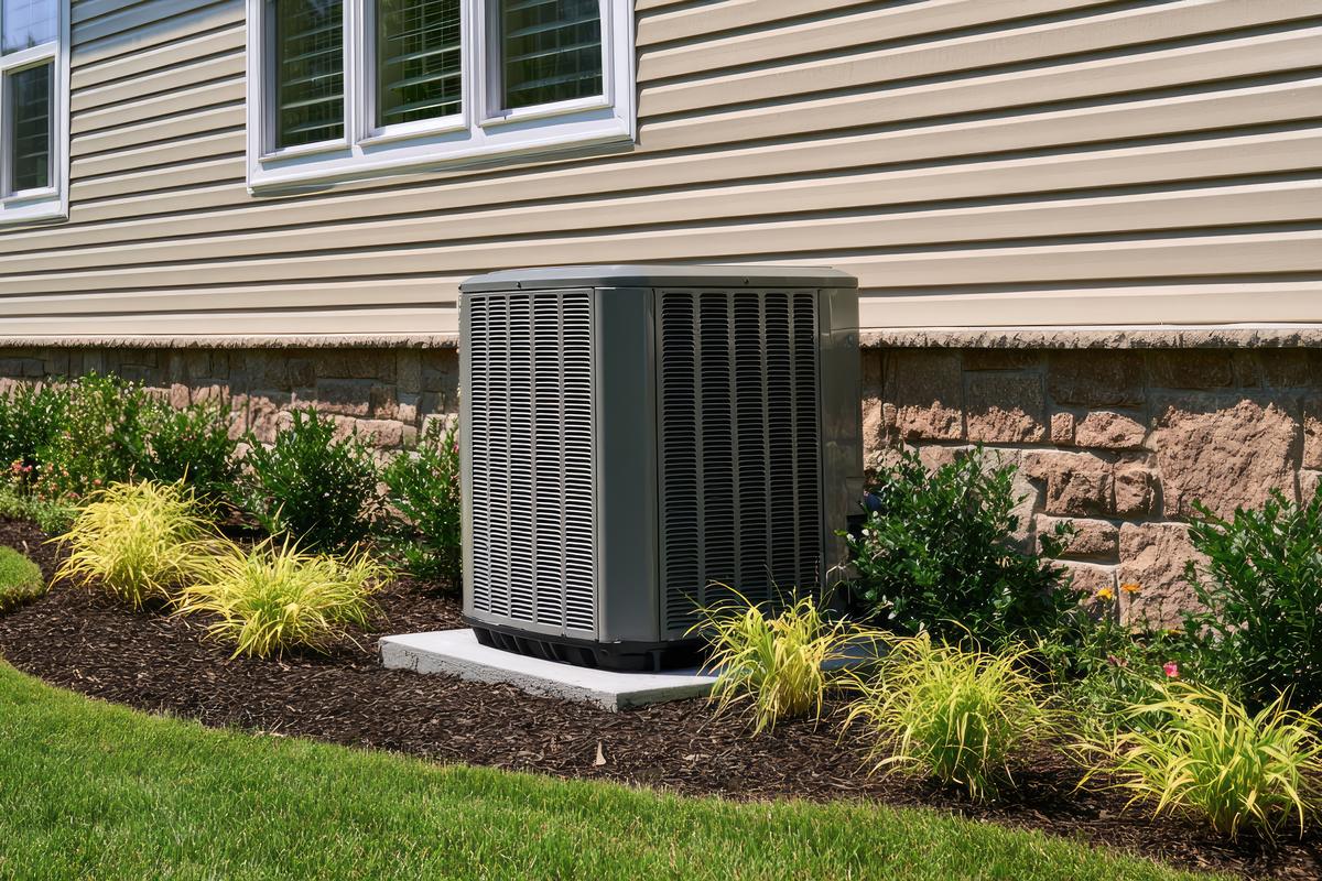 New central air conditioner condenser beside a house with landscaping