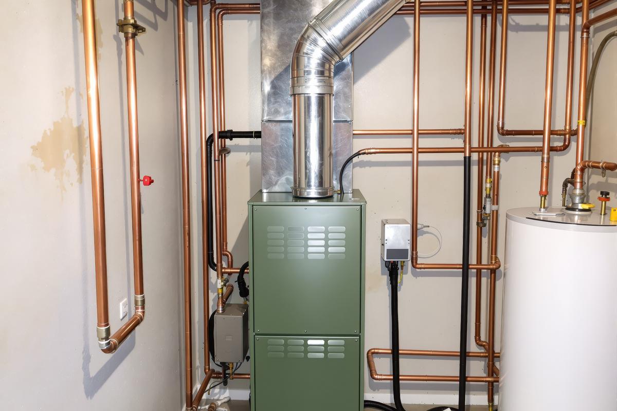 Residential boiler with copper supply piping and an expansion tank in a utility room