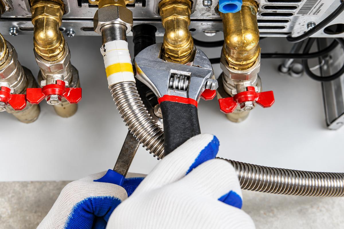 Gloved hands tightening a brass fitting on boiler piping with a wrench