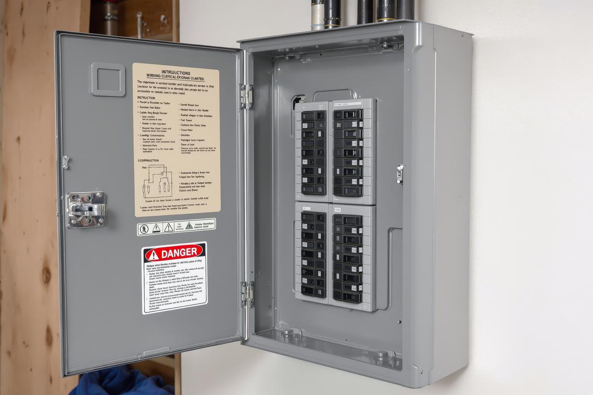 Residential gray breaker panel with the door open