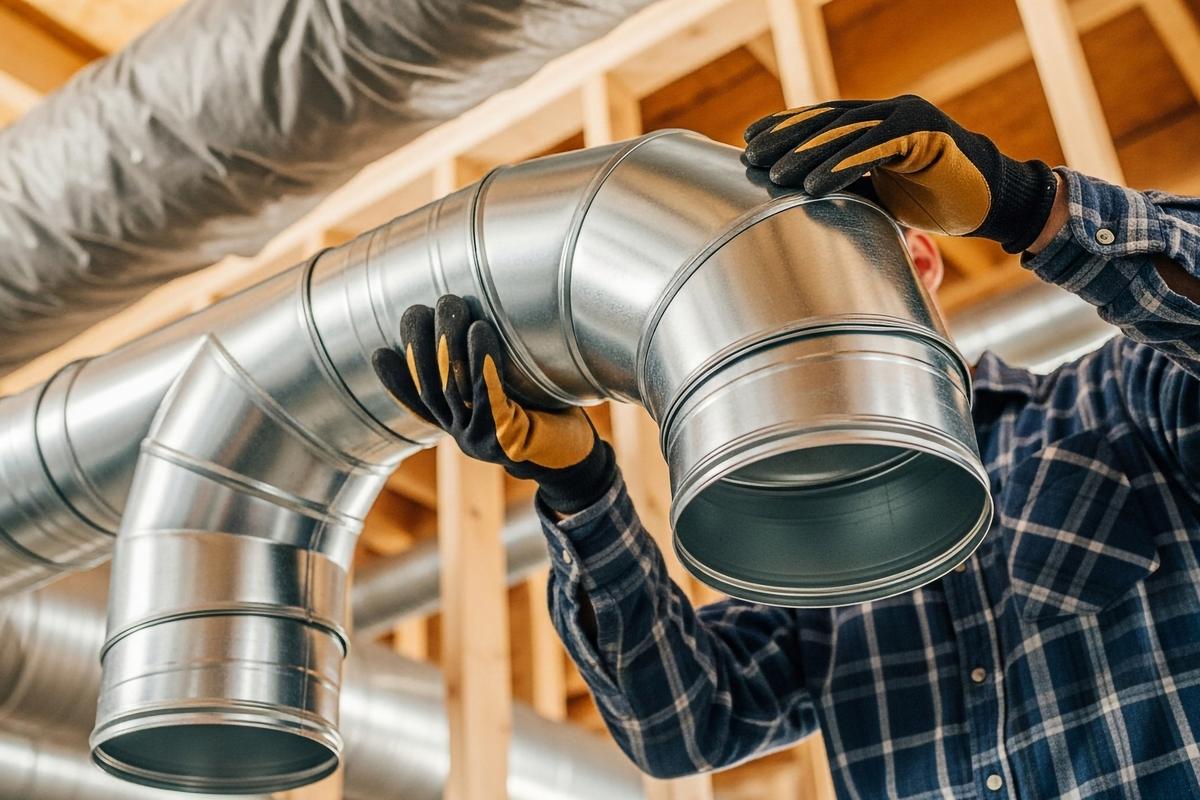 Installer fitting round metal ductwork in an attic