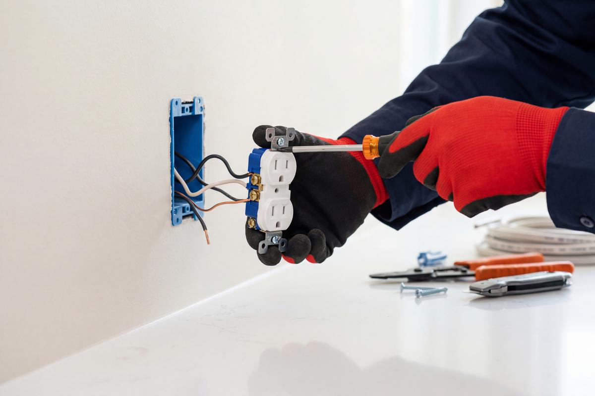 Electrician wiring a new electrical outlet in a wall box