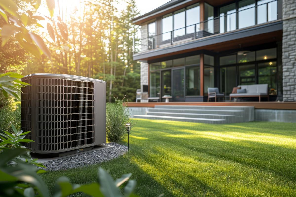Outdoor heat pump unit beside a modern home