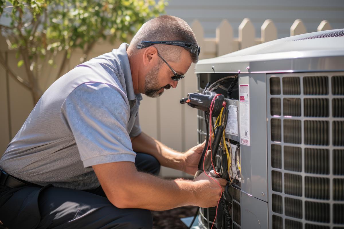 Technician repairing the wiring of an outdoor air conditioner