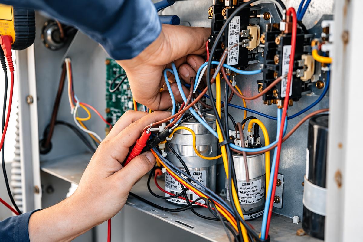 Technician testing wiring on an HVAC control board