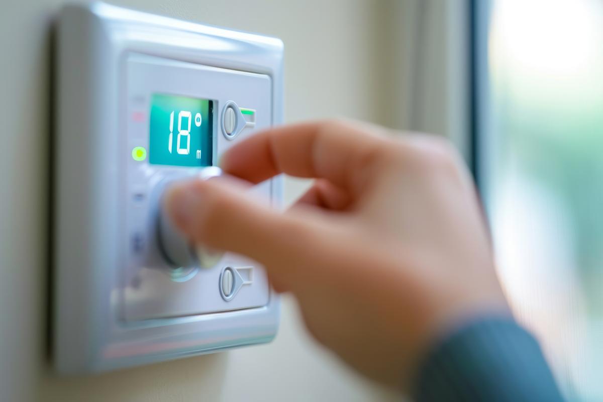 Hand adjusting a digital wall thermostat