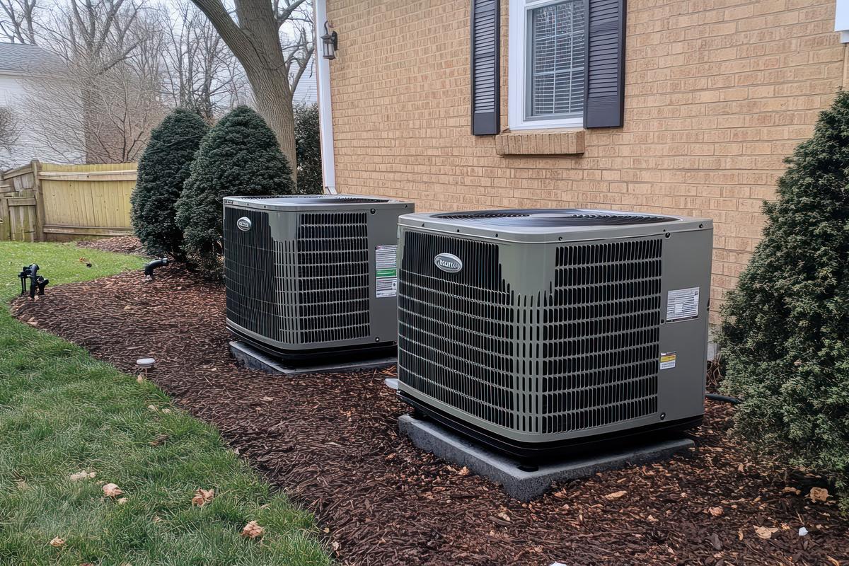 Two outdoor air conditioner units beside a brick home